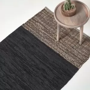 HOMESCAPES Black Recycled Leather Handwoven Herringbone Rug, 120 x 180cm - Black