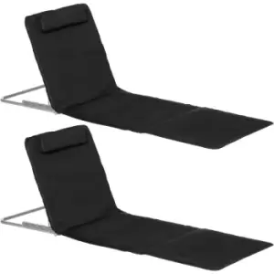 Outsunny 2 Pieces Outdoor Beach Mat Steel Reclining Chair Set w/ Pillow Black - Black