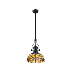 Worcester, Ceiling Pendant E27 With 30cm Tiffany Shade, Matt Black, Blue, Orange, Crystal