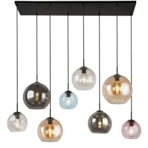 Searchlight Mardi Gras 8 Light Bar Pendant Matt Black, Mu Lighti Colour Glass Shades