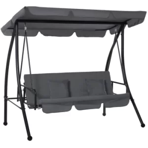 Outsunny Outdoor 2-in-1 Patio Swing Chair Lounger 3 Seater Garden Bench Hammock Bed Convertible Tilt Canopy W/ Cushion, Dark Grey