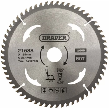 TCT Circular Saw Blade for Wood, 185 x 25.4mm, 60T [21588] - Draper