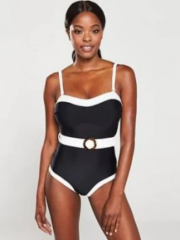 Pour Moi Removable Straps Belted Control Swimsuit - Black/White, Size 10, Women