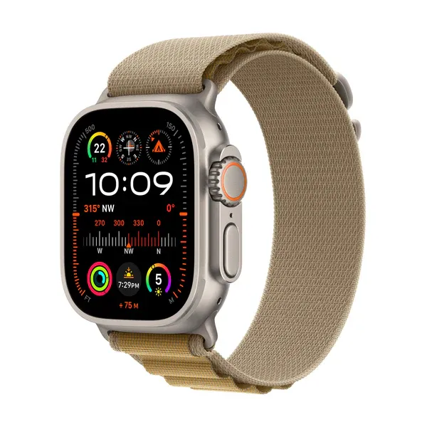 Apple Watch Ultra 2, 49mm, Natural Titanium Case, GPS + Cellular [2024] - Tan Alpine Loop - Small