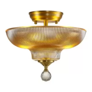 Luminosa Talisa 2 Light Semi Flush Ceiling Lamp E27 With Round 30cm Glass Shade Satin Gold, Amber