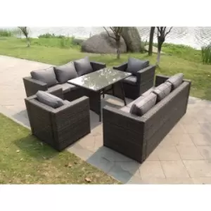 Fimous 8 Seater Outdoor Dark Grey Rattan Lounge Complete Sofa Set with Dining Table and Clear Tempered Glass