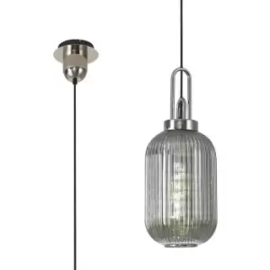 Luminosa 1 Light Pendant E27 With 20cm Tubular Ribbed Glass, Smoked Polished Nickel, Matt Black