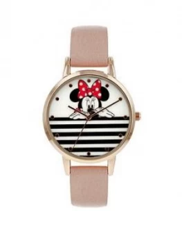 Disney Minnie Mouse White and Black Stripe Dial Nude Leather Strap Ladies Watch, One Colour, Women