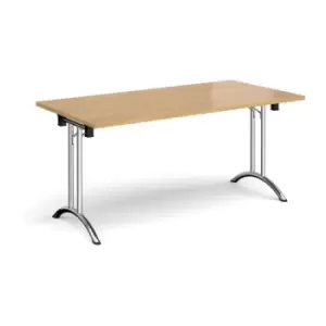 Rectangular folding leg table with chrome legs and curved foot rails 1600mm x 800mm - oak