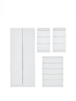 Monaco Ready Assembled 4 Piece Gloss Package - 2 Door Mirrored Wardrobe, 5 Drawer Chest And 2 Bedside Chests