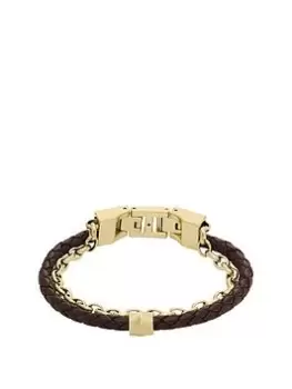 Fossil Mens Gold Tone Leather Cord Bracelet, Black, Men