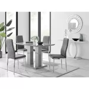 Furniturebox Imperia 4 High Gloss Grey Modern Dining Table and 4 Grey Milan Faux Leather Dining Chairs With Silver Legs Diamond Stitch Modern