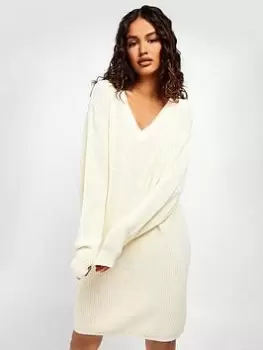 Boohoo V Neck Jumper Dress - Ecru, Cream, Size S, Women