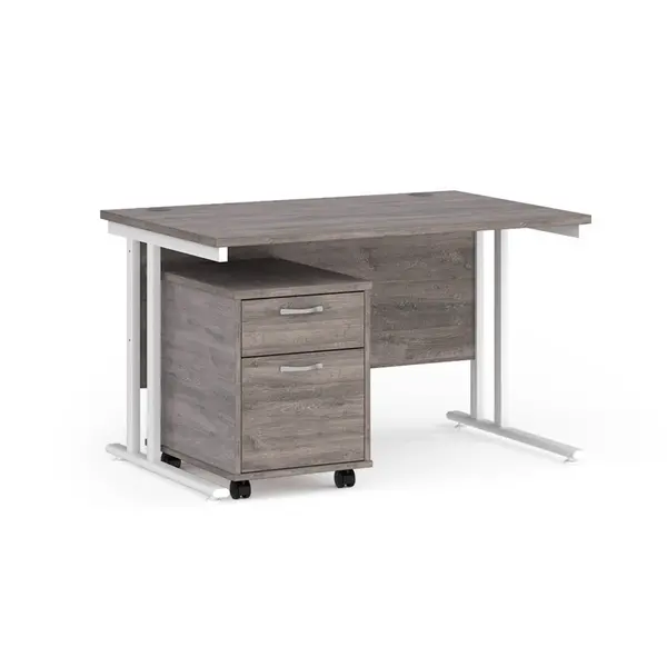 Maestro 25 Straight Desk with White Cantilever Frame and 2 Drawer Pedestal - Grey Oak - 1200mm x 800mm