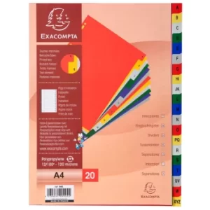 Exacompta Indices PP A4+, 20 Part, A-Z, Coloured Tab, White, Pack of 20