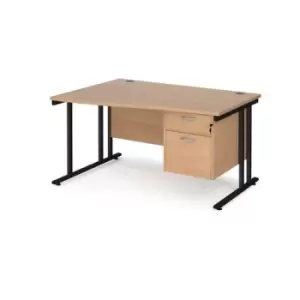 Office Desk Left Hand Wave Desk 1400mm With Pedestal Beech Top With Black Frame Maestro 25 MC14WLP2KB