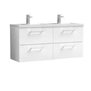 Nuie Arno 1200mm Wall Hung 4 Drawer Vanity & Double Polymarble Basin Gloss White