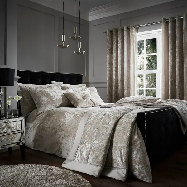 Catherine Lansfield Natural Crushed Velvet Duvet Cover and Pillowcase Set Grey