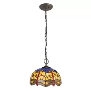 3 Light Downlighter Ceiling Pendant E27 With 30cm Tiffany Shade, Blue, Orange, Crystal, Aged Antique Brass - Luminosa Lighting