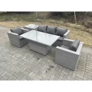 Fimous 5 Seater Outdoor Rattan Dining Sofa Complete Set with Adjustable Table and Side Coffee Table