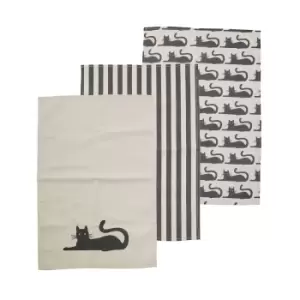 Set of 3 Cotton Black Cat Tea Towels