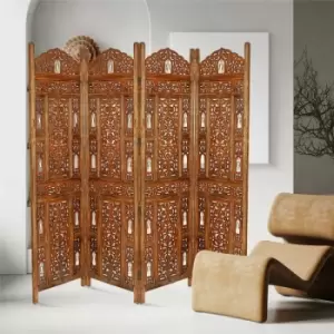 Topfurnishing - 4 Panel Heavy Duty Carved Indian Screen Wooden Bells Design Screen Room Divider 183x50cm per panel, wide open 202cm [Light Brown]