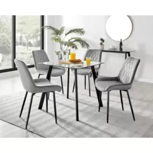 Furniturebox Seattle Glass and Black Metal Leg Square Dining Modern Industrial Dining Table & 4 Grey Pesaro Black Leg Velvet Chairs