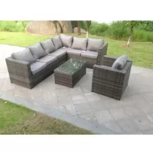 Fimous 6 Seater Outdoor Dark Grey Rattan Lounge Complete Sofa Set with Oblong Coffee Table and Armchair