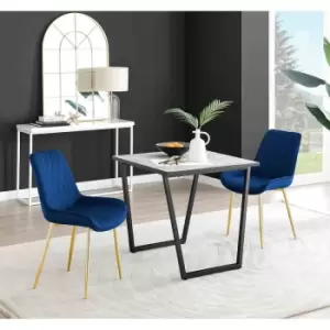 Furniture Box Carson White Marble Effect Square Dining Table and 2 Navy Pesaro Gold Leg Chairs