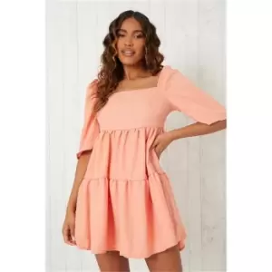 I Saw It First Rose Linen Look Square Neck Tiered Smock Dress - Pink