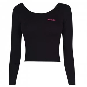 Guess Ribbed Long Sleeve Crop Top - Black JBLK