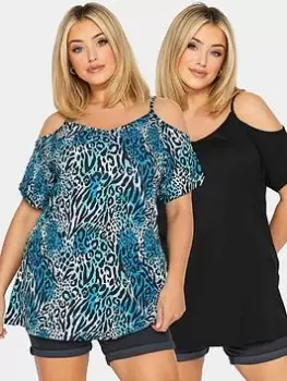 Yours Strappy Cold Shoulder 2 Pack Black/Blue Animal, Black, Size 22-24, Women