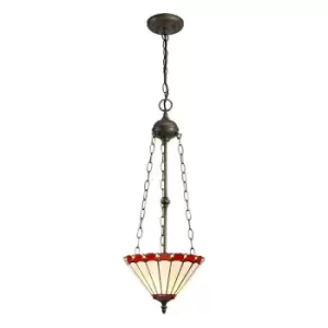 3 Light Uplighter Ceiling Pendant E27 With 30cm Tiffany Shade, Red, Crystal, Aged Antique Brass - Luminosa Lighting