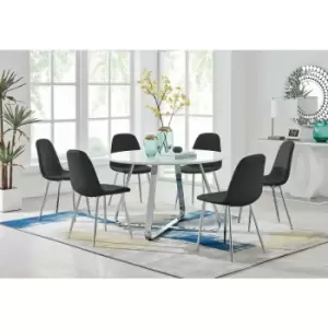 Santorini White Round Dining Table And 6 Black Corona Faux Leather Dining Chairs with Silver Legs Diamond Stitch - Black