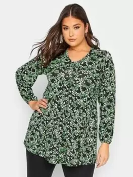 Yours Balloon Sleeve Pleat Front Aop Green Markings, Green, Size 34-36, Women