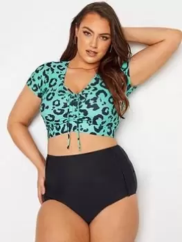 Yours Clothing Leopard Print Bikini Crop Top - Turquoise Blue, Green, Size 34-36, Women