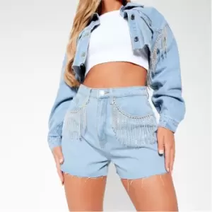 I Saw It First Diamante Tassel Detail Denim Shorts - Blue