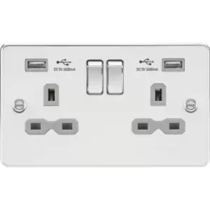 Knightsbridge - 13A 2G Switched Socket with dual usb charger a + a (2.4A) - Polished chrome with grey insert 230V IP20