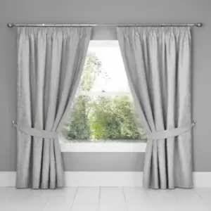 Michaela Floral Jacquard Textured Weave Lined Pencil Pleat Curtains, Silver, 66 x 72" - Dreams&drapes