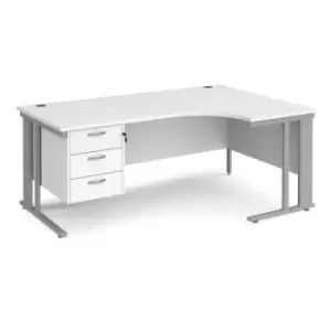 Office Desk Right Hand Corner Desk 1800mm With Pedestal White Top With Silver Frame 1200mm Depth Maestro 25 MCM18ERP3SWH