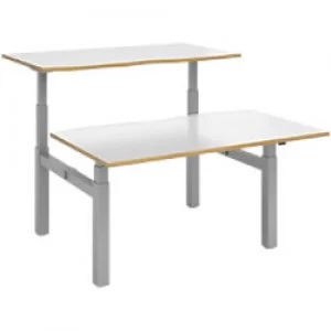 Elev8² Rectangular Sit Stand Back to Back Desk with White & Oak Coloured Melamine Top and Silver Frame 4 Legs Touch 1400 x 1650 x 675 - 1300 mm