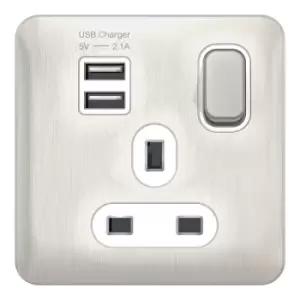 Schneider Electric Lisse Screwless Deco - Switched Single Power Socket, 13A, Single Pole, with 2 USB Charging Ports, 2.1A shared, GGBL30102USBAWSSS, S