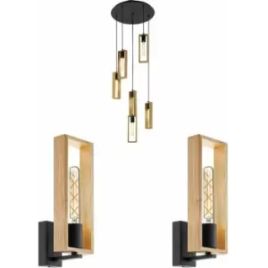 Ceiling Pendant Light & 2x Matching Wall Lights Black & Wood Box Feature Lamp