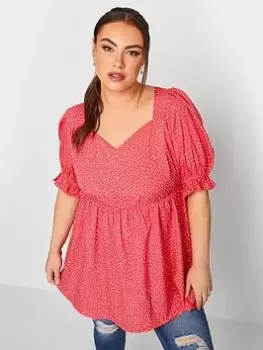 Yours Sweetheart Puff Sleeve Top Coral Spot, Pink, Size 30-32, Women