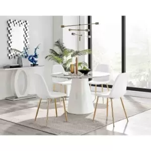 Furniture Box Palma White Marble Effect Round Dining Table and 4 White Corona Gold Leg Chairs