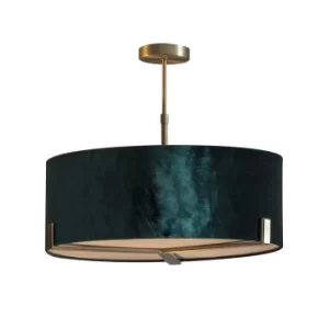 Multi Arm Pendant Light Matt Antique Brass Plate, Green Velvet