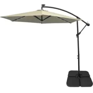 Cream LED Cantilever Parasol 3m Banana Hanging Umbrella Garden Sun Shade Canopy Patio 360 Rotation Tilt uv Protection Winding Crank 24 Solar Powered