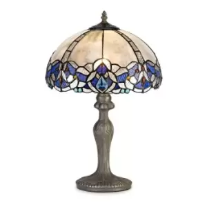 Luminosa Lighting - 1 Light Curved Table Lamp E27 With 30cm Tiffany Shade, Blue, Clear Crystal, Aged Antique Brass