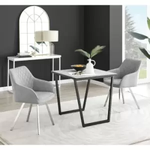 Furniturebox UK - Furniturebox Carson White Marble Effect Square Dining Table & 2 Light Grey Falun Silver Leg Fabric Chairs