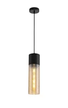 Single Tube Ceiling Pendant 1 Light E27, Black, Amber Glass